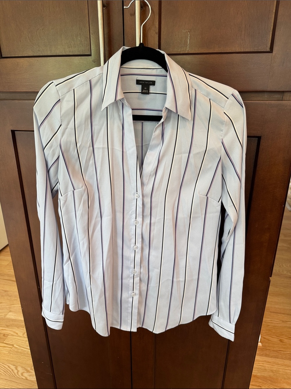 Ann Taylor White Button-Down Shirt with Navy and Purple Stripes